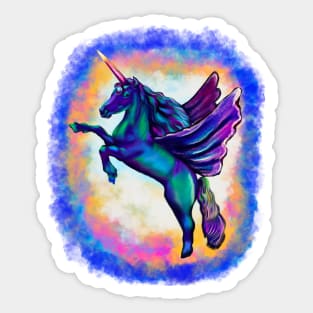 Unicorn - sparkly, glittery, magical, winged unicorn with rainbow background Sticker